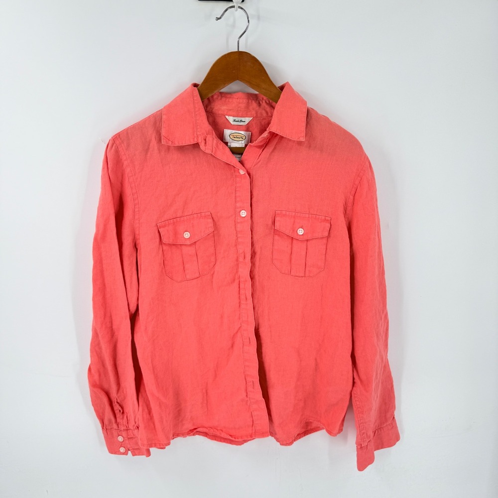 Talbots Button Down Shirt Coral Large Irish Linen Long Sleeve Coastal Summer
